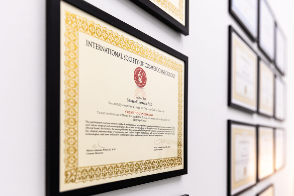 A close-up of Dr. Herrera's certification from the International Society of Cosmetogynecology at Horizons OB-GYN, where we accept Disney health insurance plans near Celebration, Fl.